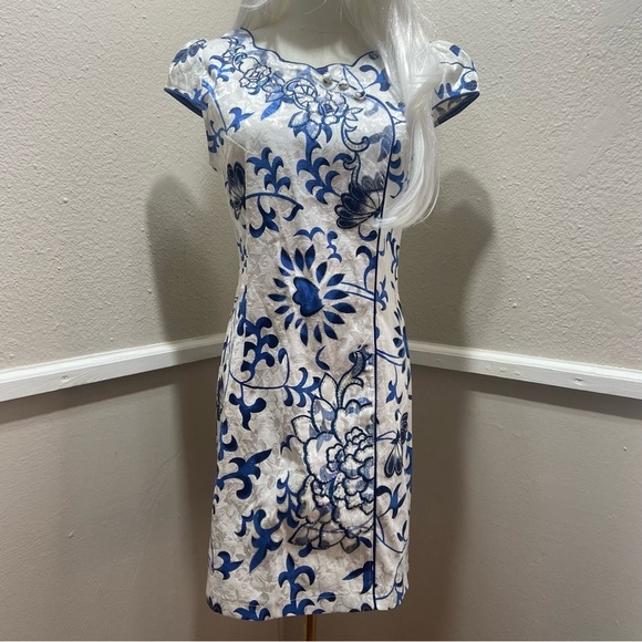 Source Unknown Dresses & Skirts - Chinese Qipao Cheongsam Floral Sequin Midi Dress Blue White Size Medium